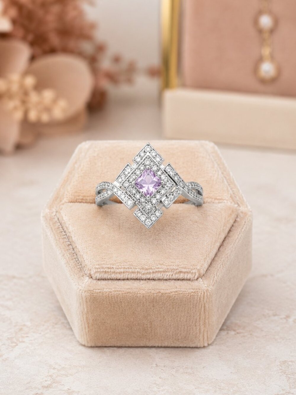 Art Deco Lavender Stone Geometric Statement Ring Silver Tone Size 8 NWT